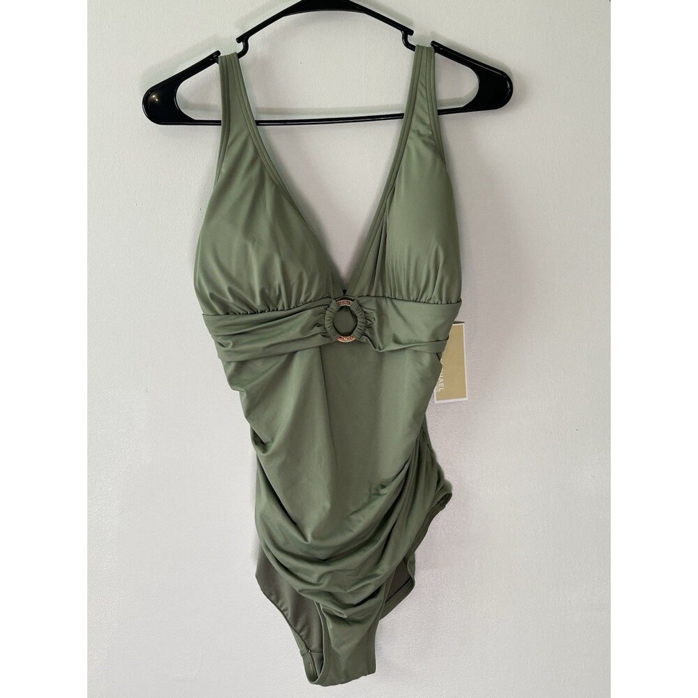 Michael Kors 1-Piece Swimsuit Logo Ring Deep V Neck Army Green Size 12 NWT
